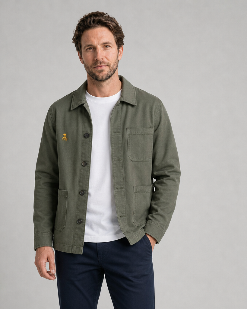 Bitcoin Worker Jacket – Washed Twill mit in Orange gesticktem Bitcoin21-Logo auf der Brust