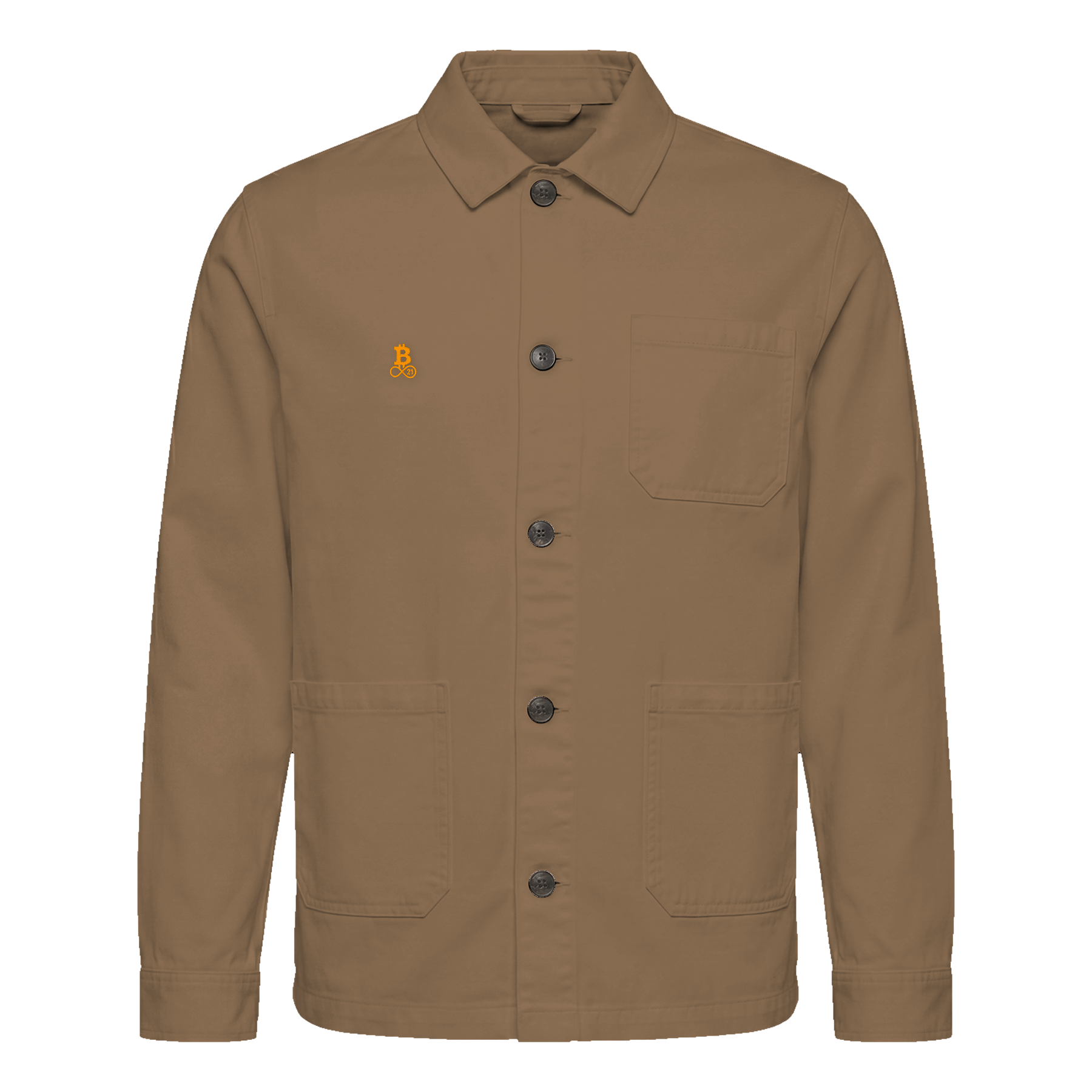 Bitcoin Worker Jacket in Washed Dark Camel – GOTS organic cotton twill with embroidered Bitcoin21 logo
