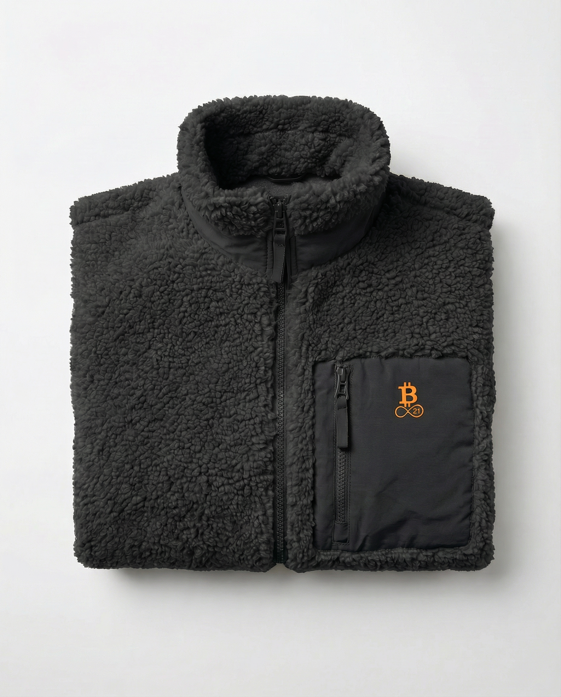 Bitcoin Sherpa Jacke in Schwarz aus Teddy Fleece mit dezentem Bitcoin Logo