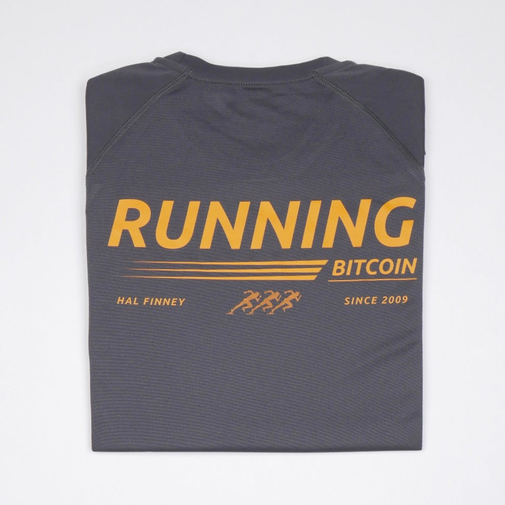 Bitcoin Laufshirt - Running Bitcoin in Dunkelgrau Legeware Rückenprint 