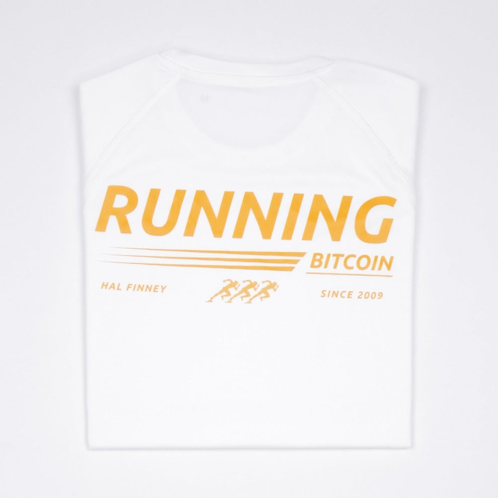 Bitcoin Laufshirt - Running Bitcoin in Weiß Legeware Rückenprint 
