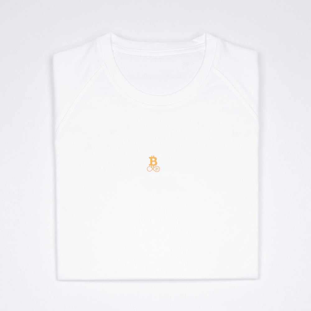Bitcoin Running Shirt - Running Bitcoin in White laid-flat front view
