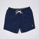 Costume da bagno Bitcoin da uomo con logo ricamato in blu navy stesa vista frontale