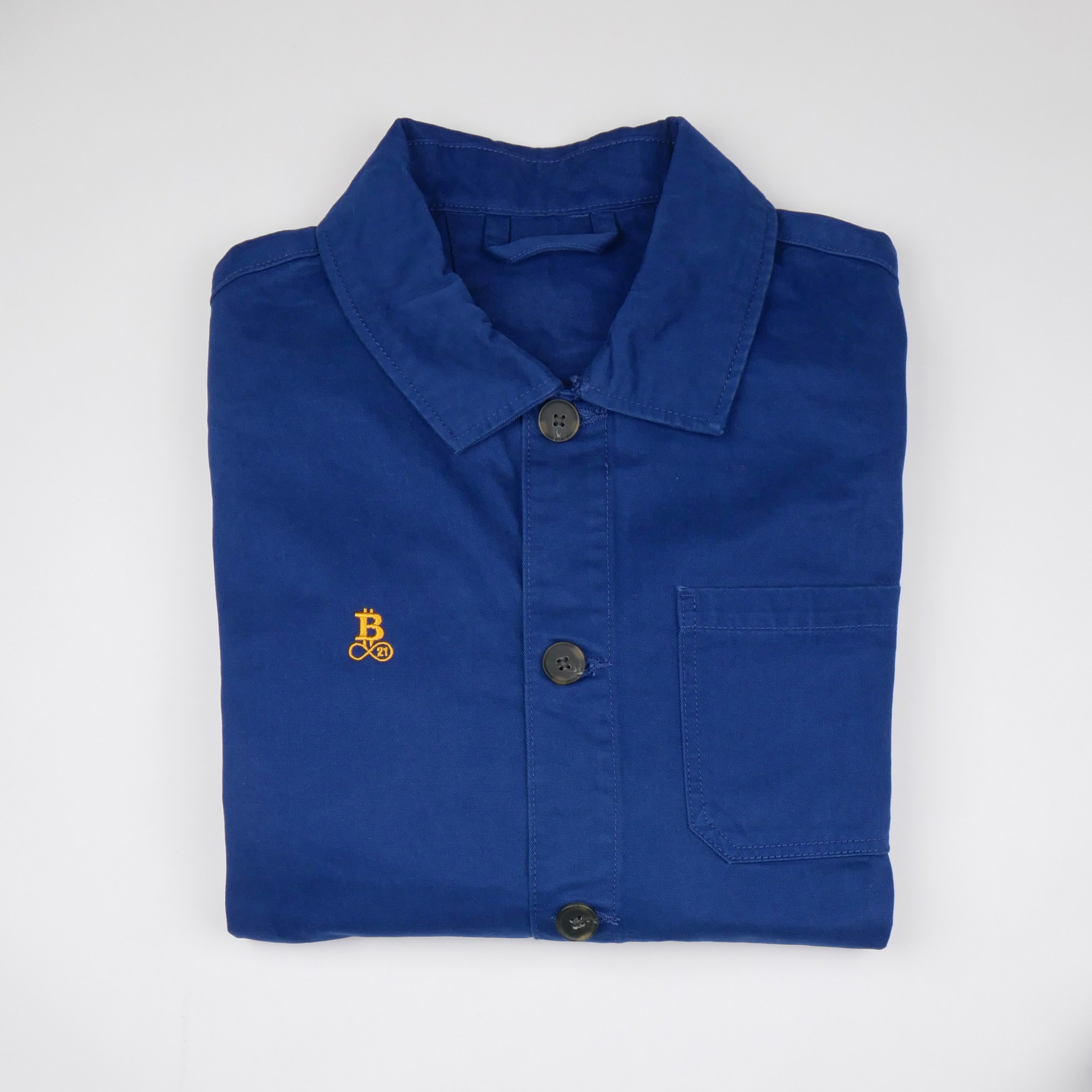 Bitcoin Worker Jacket in Washed Indigo – GOTS organic cotton twill with embroidered Bitcoin21 logo