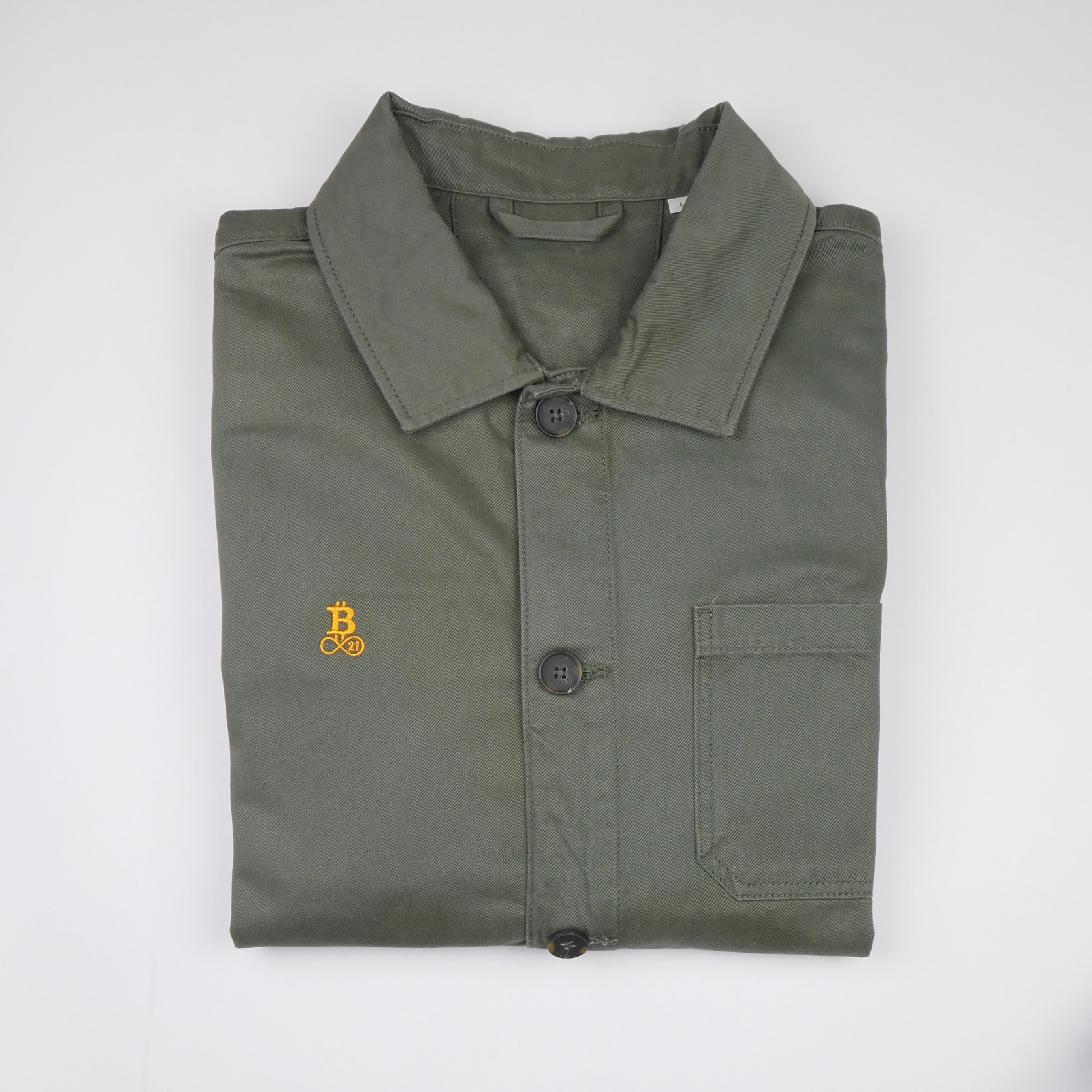 Bitcoin Worker Jacket in Washed Organic Khaki – GOTS organic cotton twill with embroidered Bitcoin21 logo