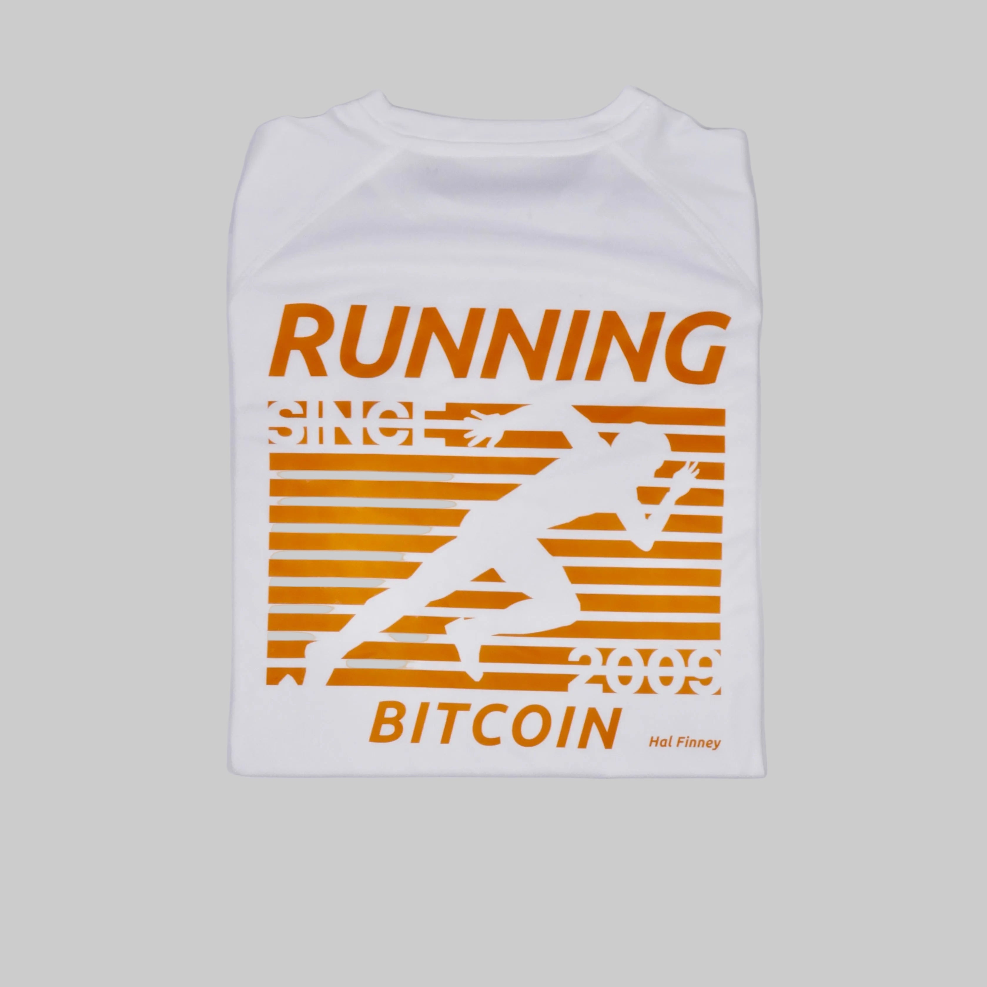 Bitcoin hardloopshirt Hal Finney in wit, rugprint met oranje hardloper, RUNNING BITCOIN, 2009 en Hal Finney