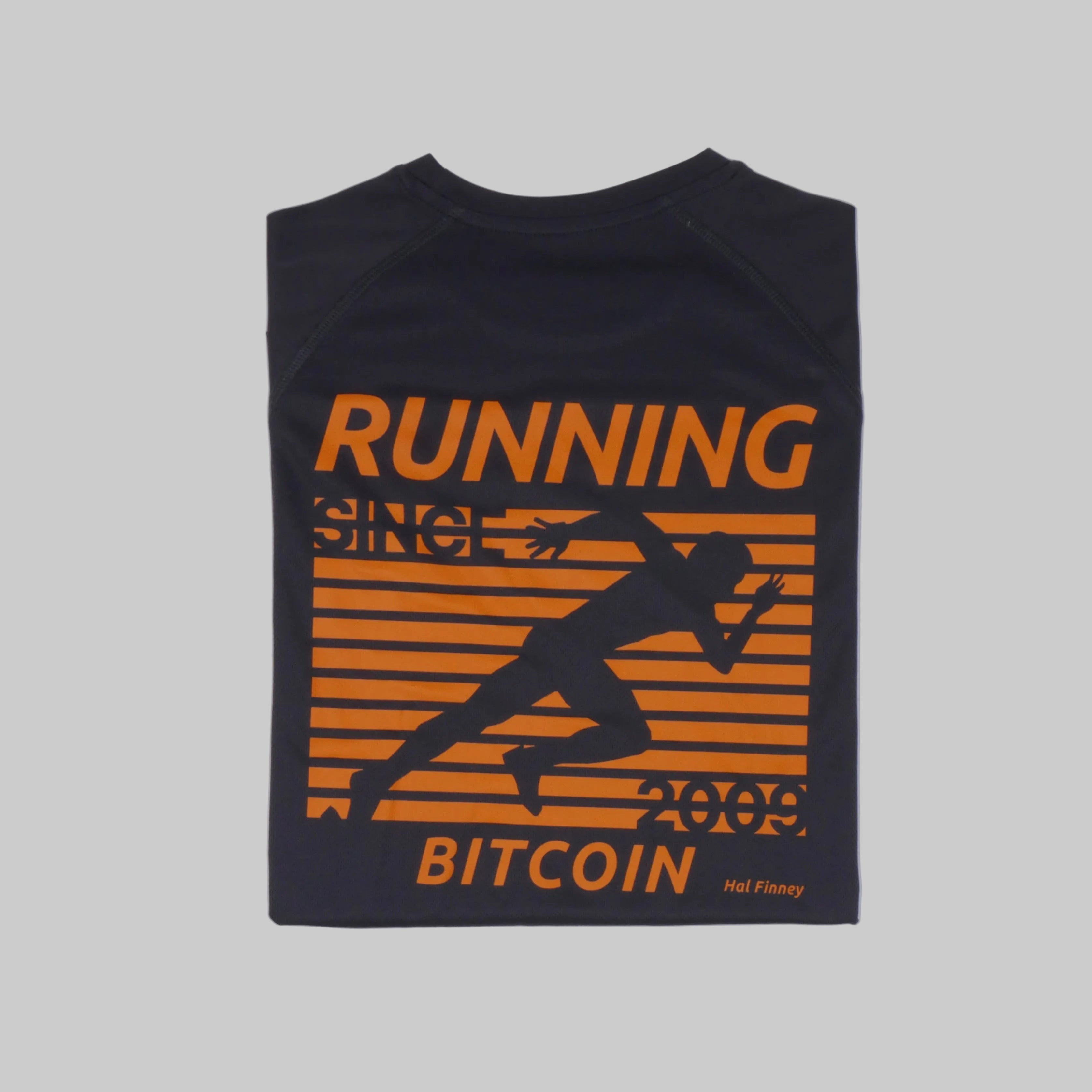 Bitcoin hardloopshirt Hal Finney in donkergrijs, rugprint met oranje hardloper, RUNNING BITCOIN, 2009 en Hal Finney