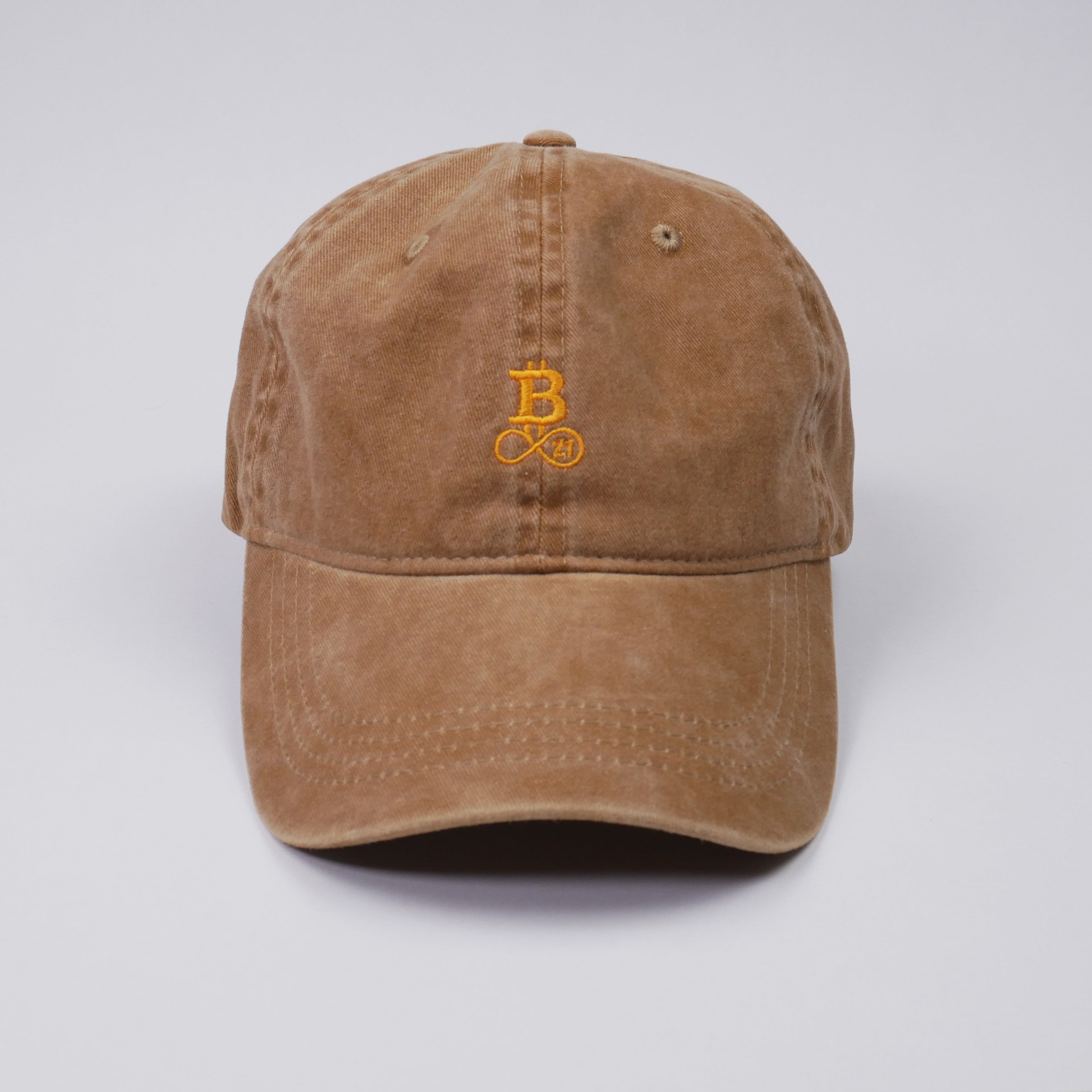 Washed Bitcoin cap made from organic cotton in beige, front view, studio shot