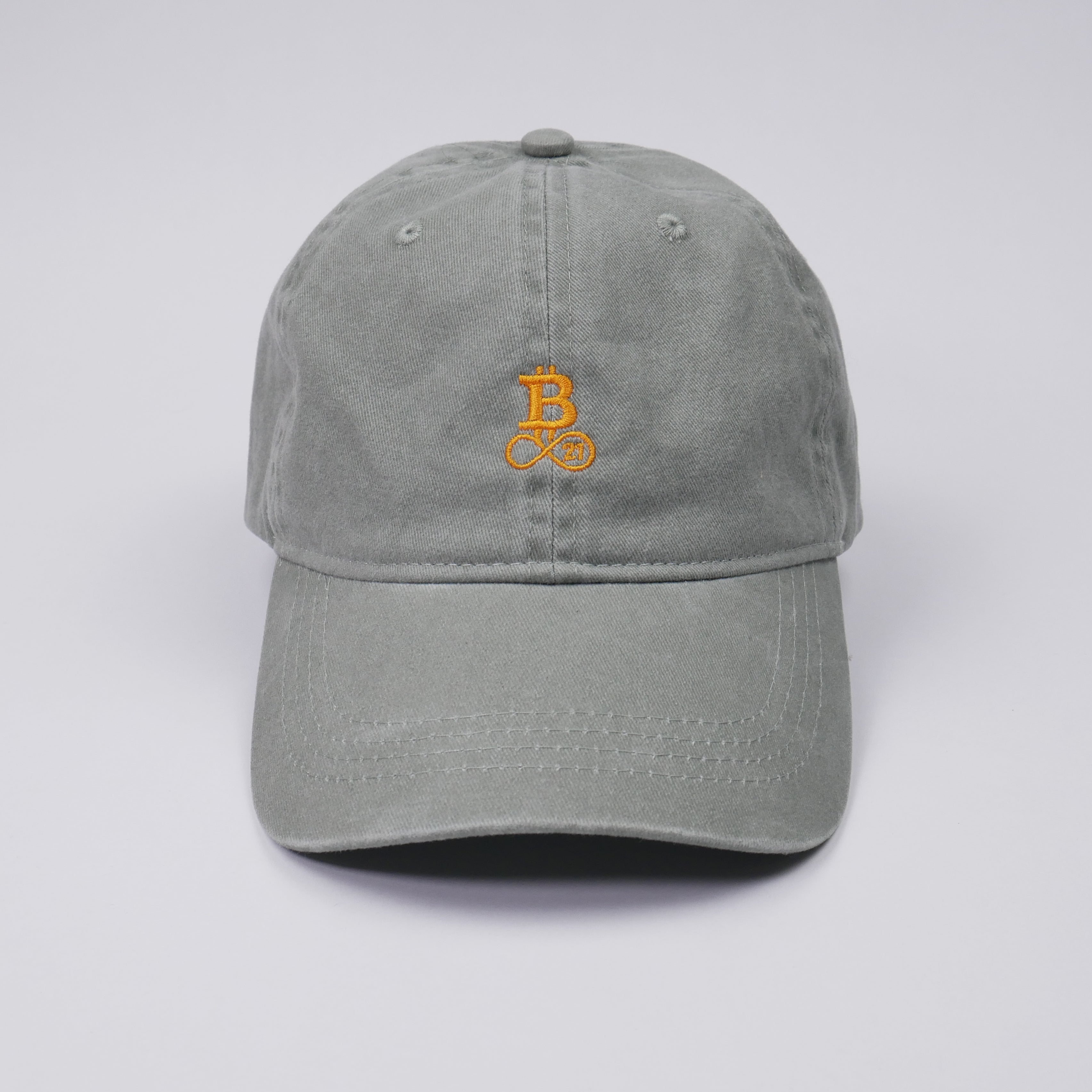 Washed Bitcoin cap made from organic cotton in khaki, front view, studio shot