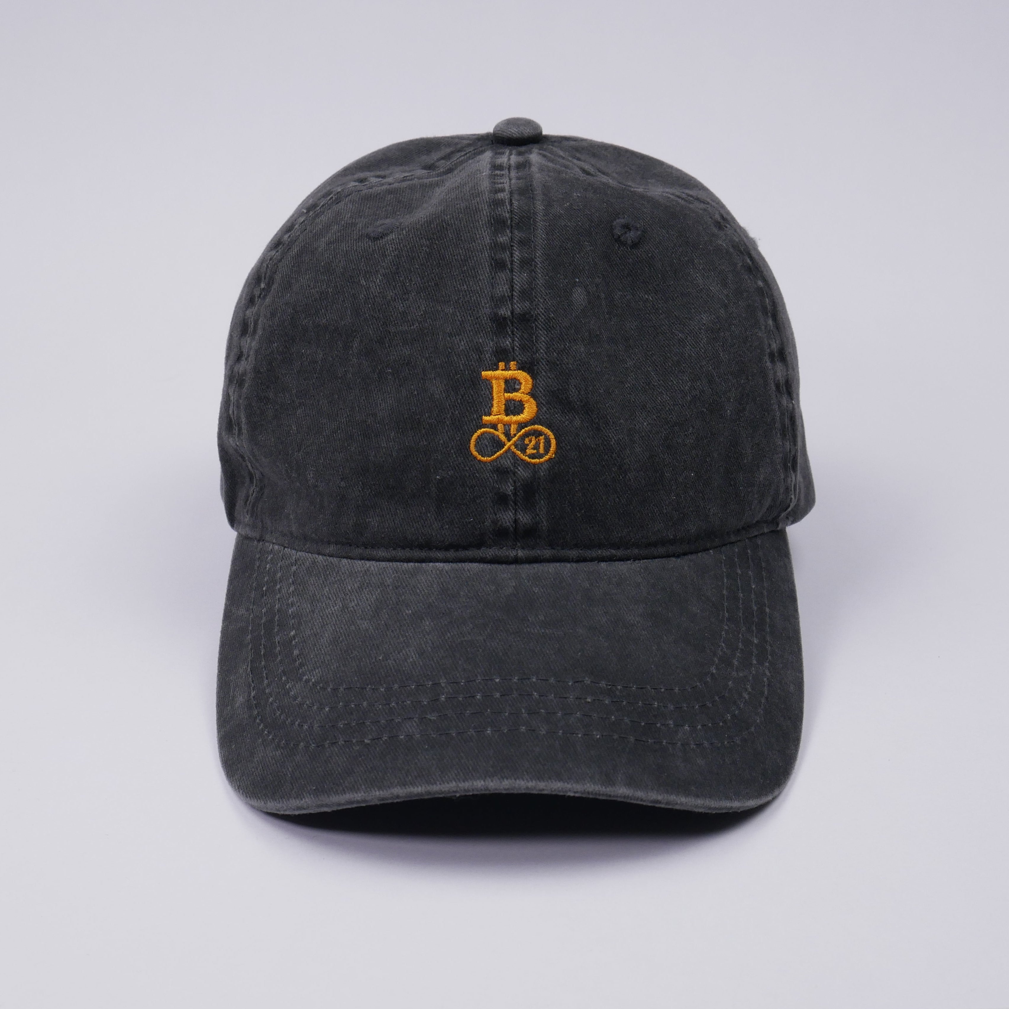Washed Bitcoin cap made from organic cotton in black, front view, studio shot
