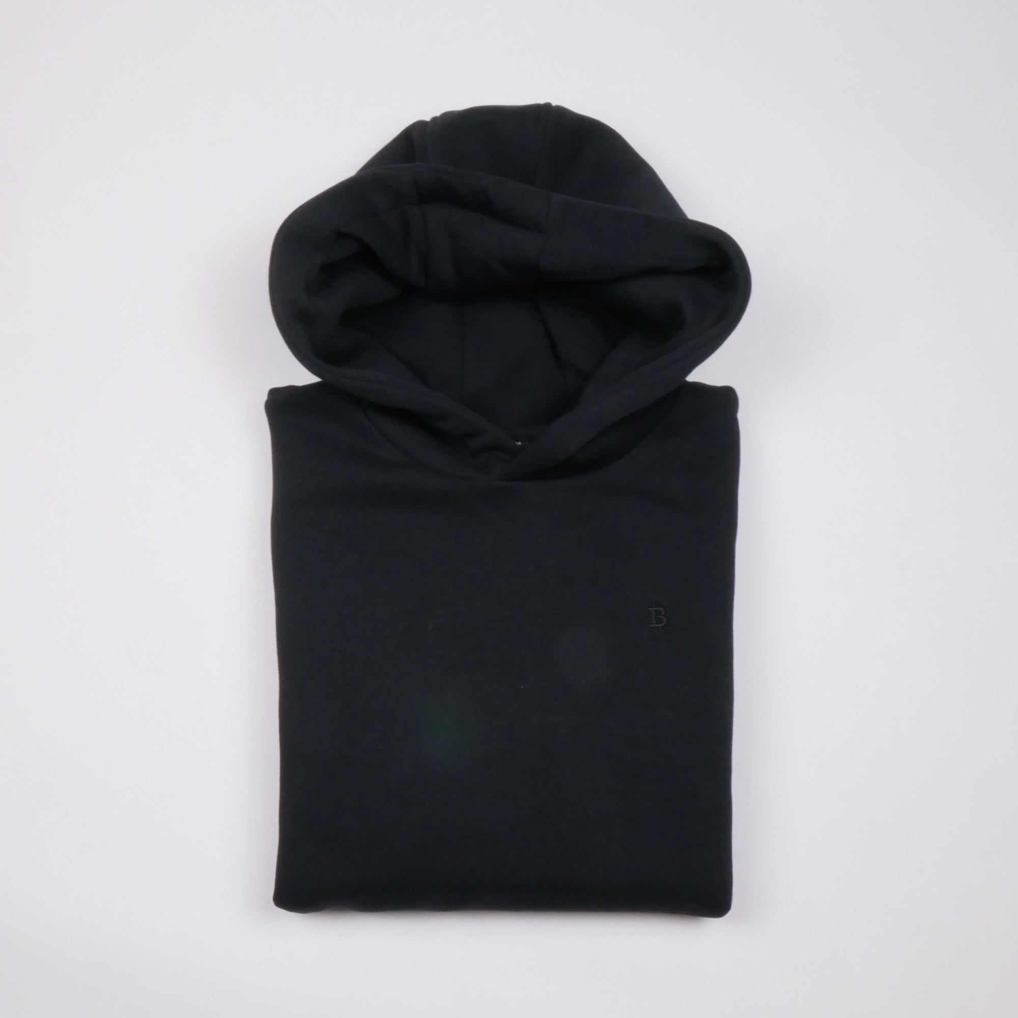 Bitcoin Oversized Hoodie Privacy in Black, folded front view with tone-on-tone embroidered Bitcoin21 logo