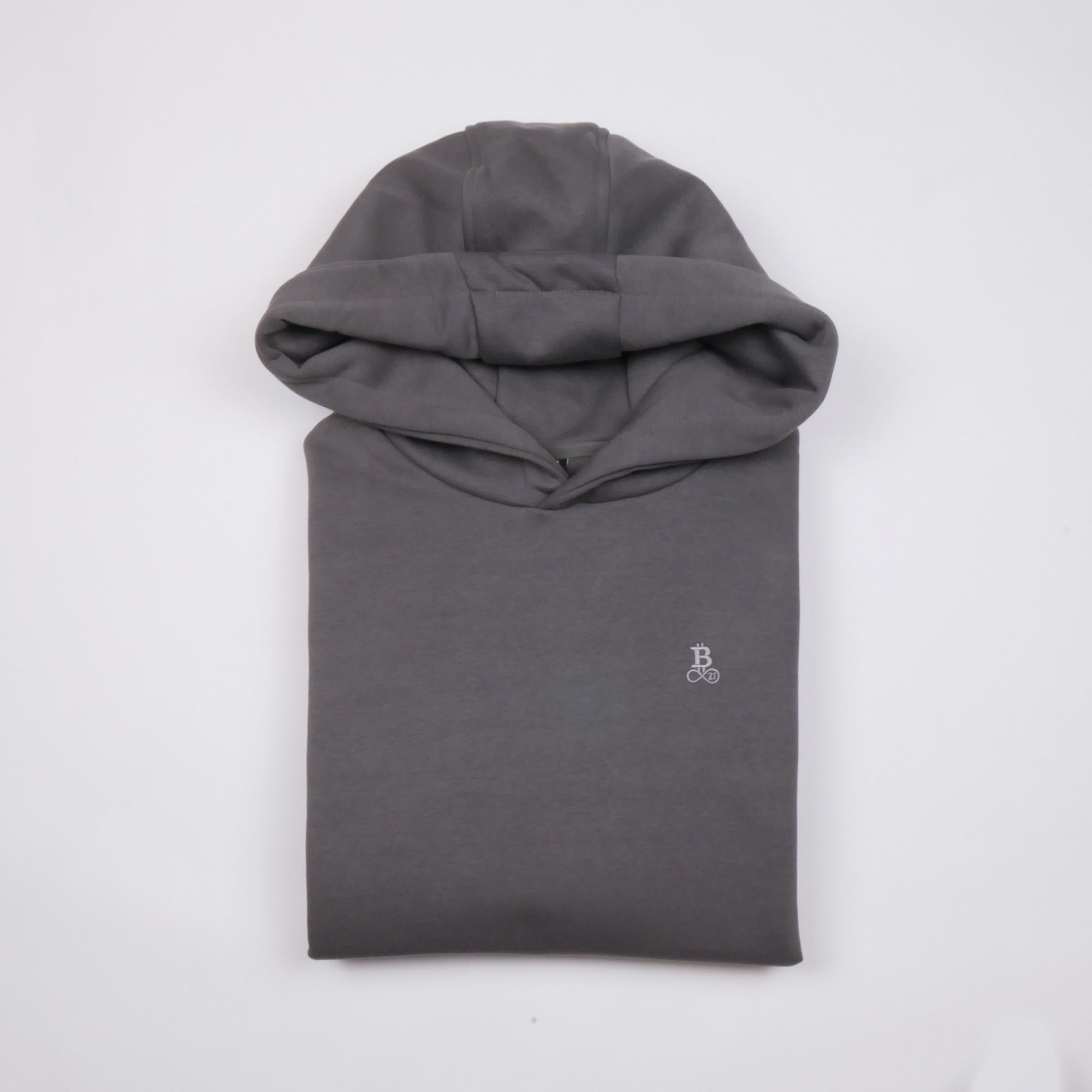 Bitcoin Oversized Hoodie Privacy in Dark Grey, folded front view with tone-on-tone embroidered Bitcoin21 logo