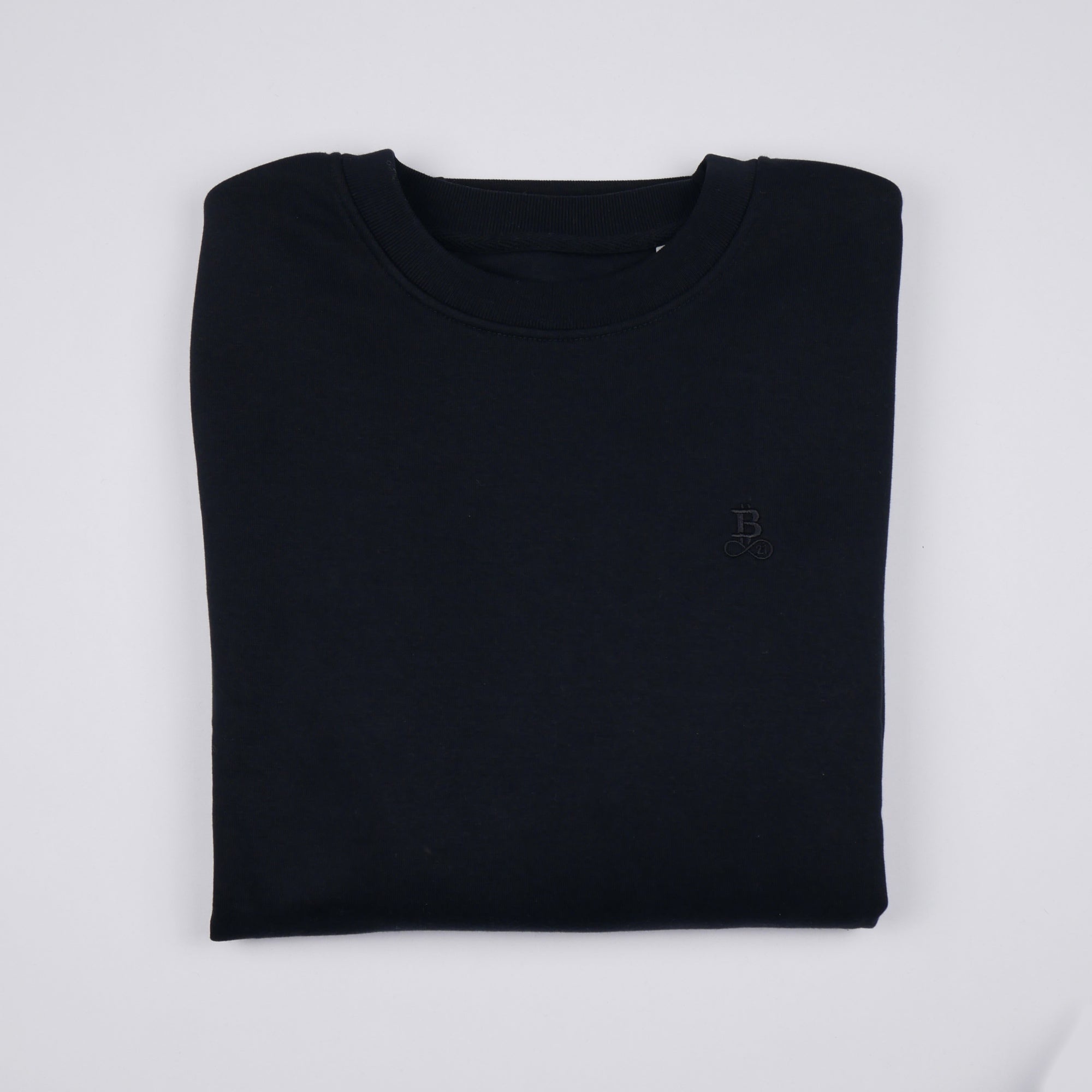 Bitcoin Sweatshirt Privacy in Black, folded front view with tone-on-tone embroidered Bitcoin21 logo