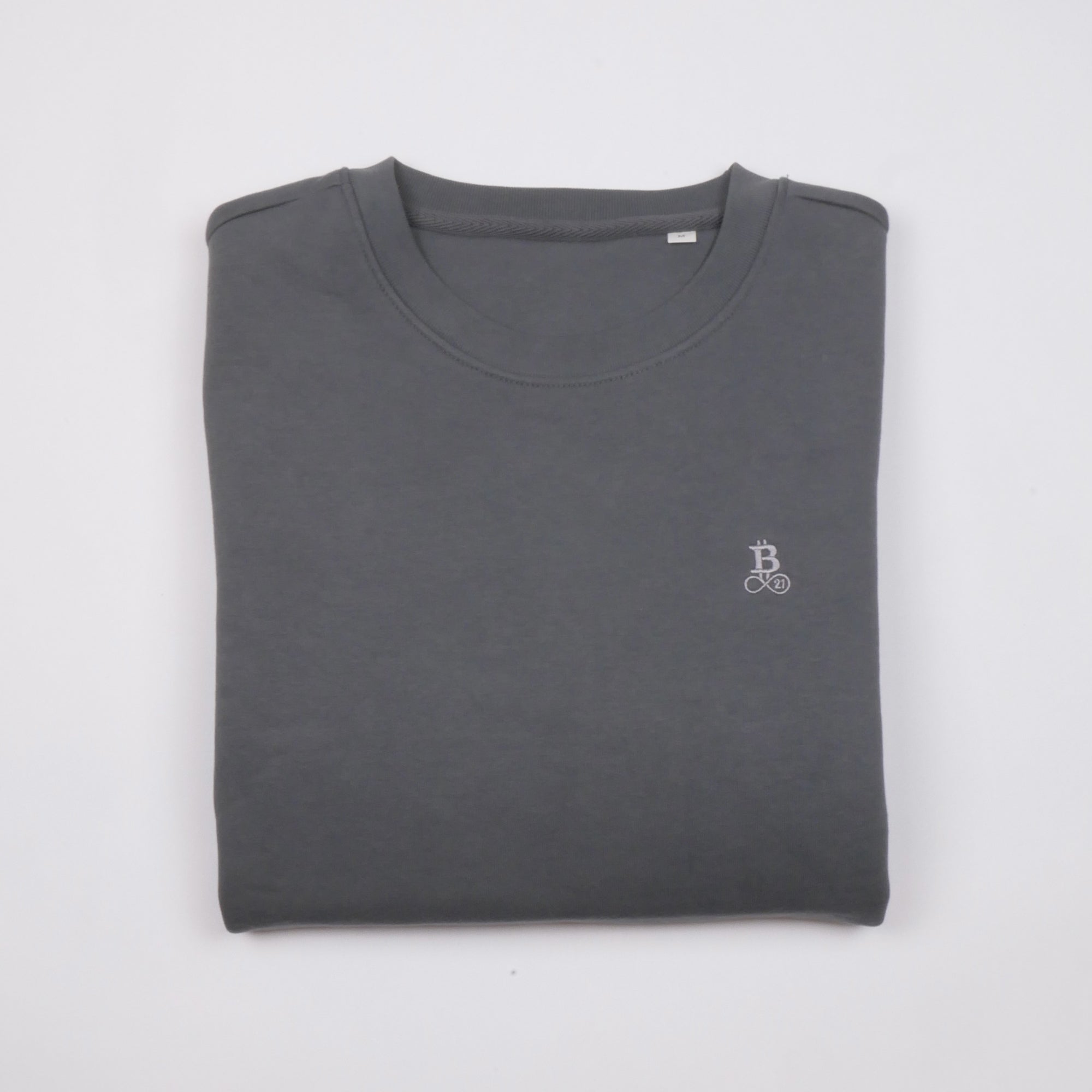 Bitcoin Sweatshirt Privacy in Dark Grey, folded front view with tone-on-tone embroidered Bitcoin21 logo