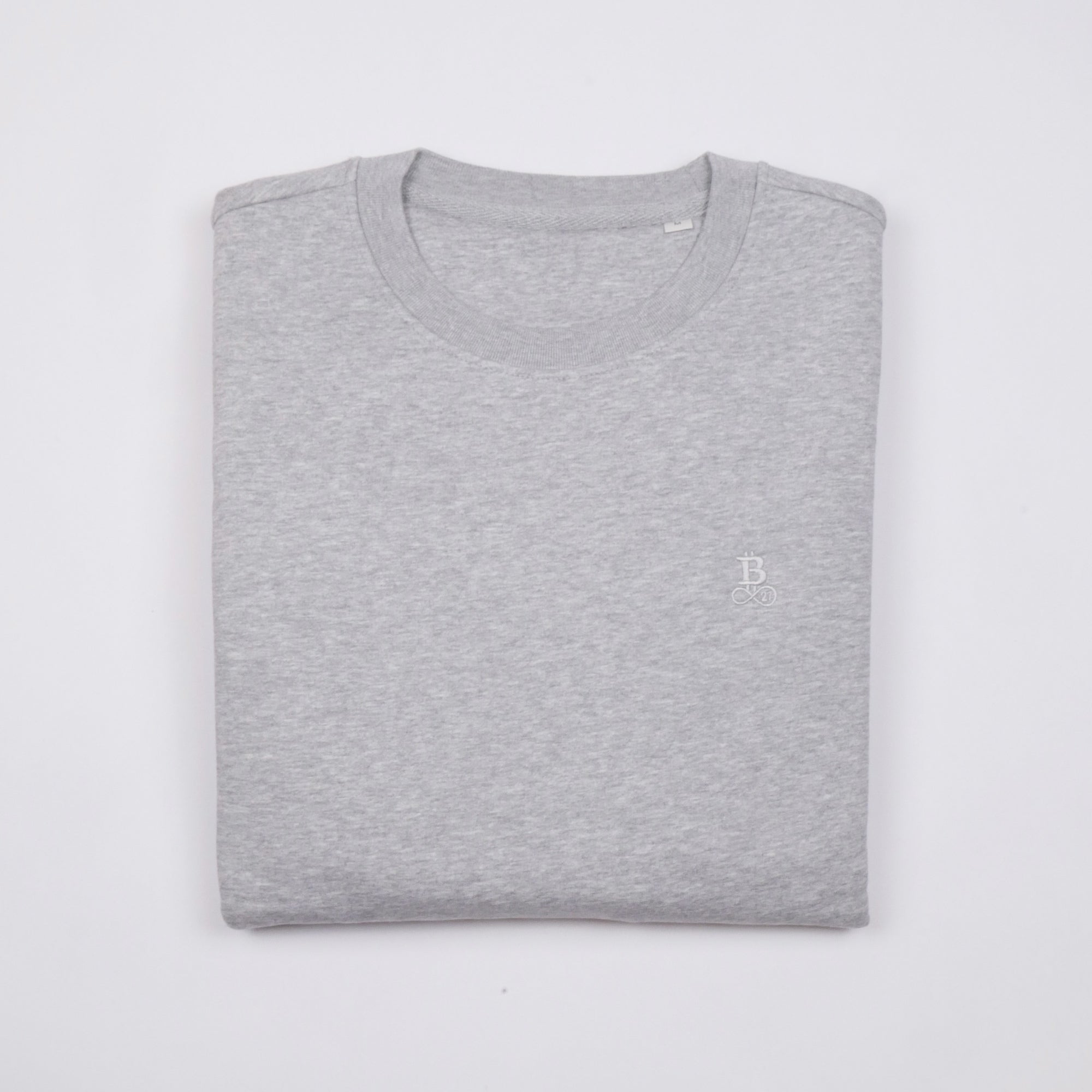 Bitcoin Sweatshirt Privacy in Light Grey, folded front view with tone-on-tone embroidered Bitcoin21 logo
