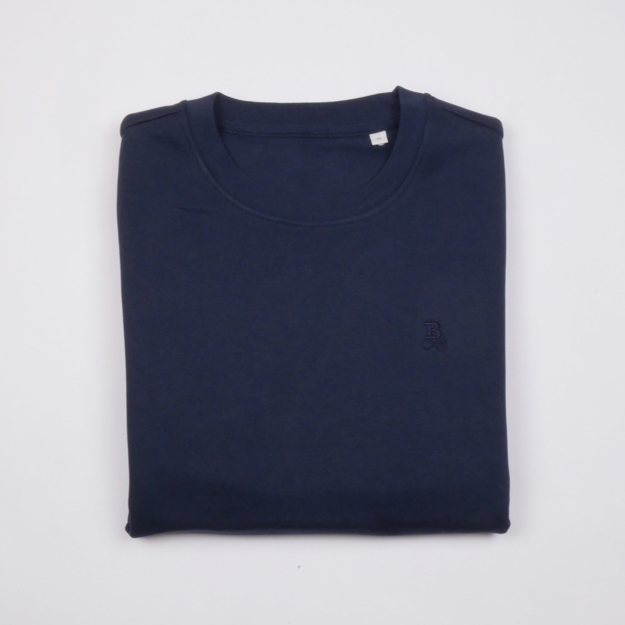 Bitcoin Sweatshirt Privacy in Navy, folded front view with tone-on-tone embroidered Bitcoin21 logo