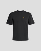 Bitcoin Oversized T-Shirt in Schwarz für Herren aus schwerer Bio Baumwolle mit orangefarbenen gesticktem Bitcoin21 Logo, lässige Oversized Passform, freigestellt vor hellem Hintergrund