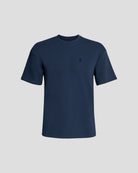 Camiseta Bitcoin oversize Privacy - Azul Marino para hombre de algodón pesado con logo Bitcoin21 bordado tono sobre tono, camiseta oversize recortada sobre fondo claro