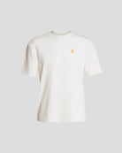 Bitcoin Oversized T-Shirt in Weiß für Herren aus schwerer Bio Baumwolle mit orangefarbenen gesticktem Bitcoin21 Logo, lässige Oversized Passform, freigestellt vor hellem Hintergrund