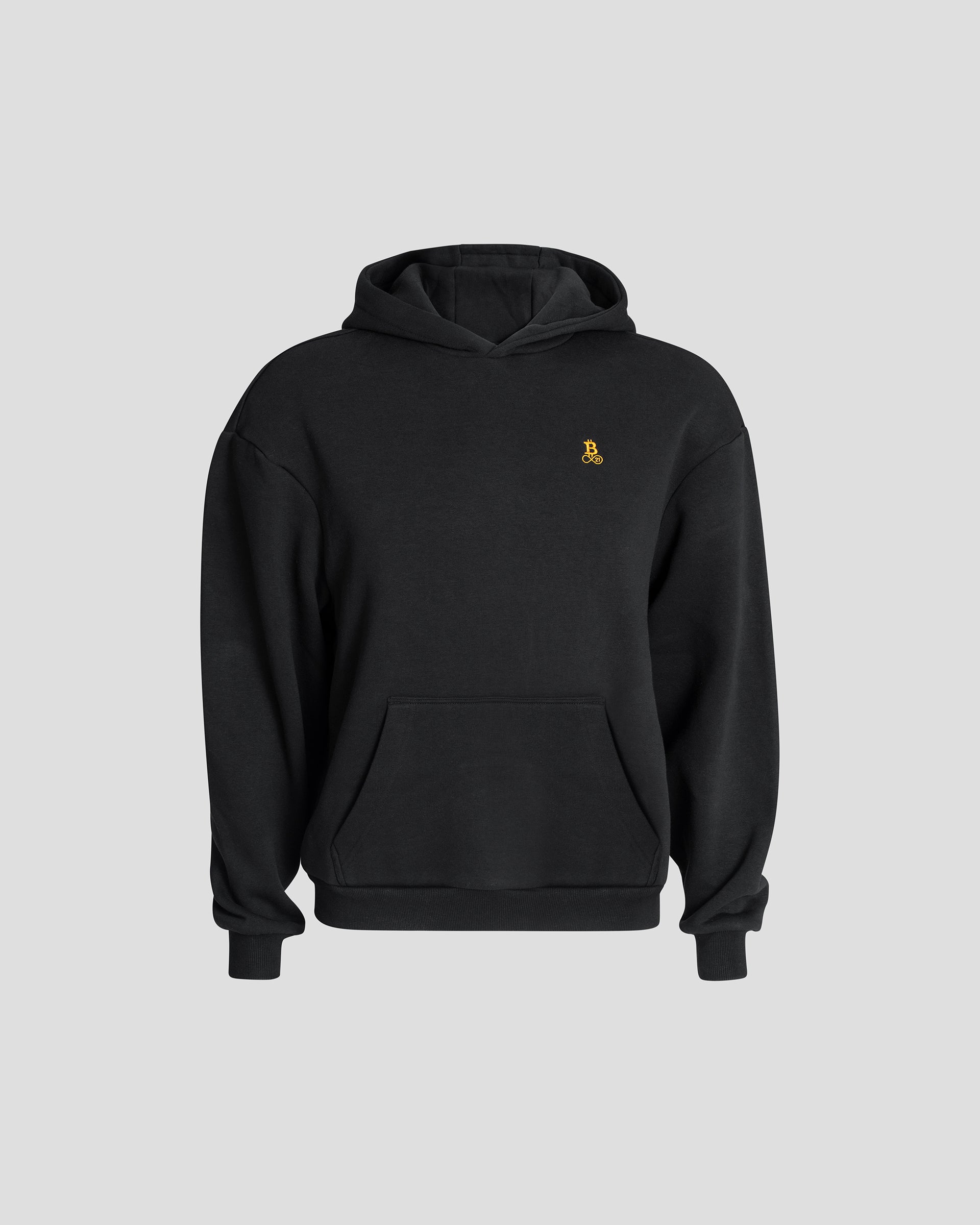 Bitcoin Hoodie oversized schwarz für Herren aus schwerem Baumwollmix mit orangefarbenem Bitcoin21 Logo, Kapuzenpullover freigestellt vor hellem Hintergrund