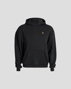 Bitcoin Hoodie oversized schwarz für Herren aus schwerem Baumwollmix mit orangefarbenem Bitcoin21 Logo, Kapuzenpullover freigestellt vor hellem Hintergrund