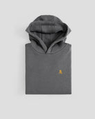 Felpa con cappuccio Bitcoin oversize grigio, felpa piegata con cappuccio visibile e logo arancione Bitcoin21 su fondo chiaro