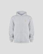 Bitcoin Hoodie oversized hellgrau für Herren aus schwerem Baumwollmix mit orangefarbenem Bitcoin21 Logo, gemütlicher Kapuzenpullover freigestellt vor hellem Hintergrund