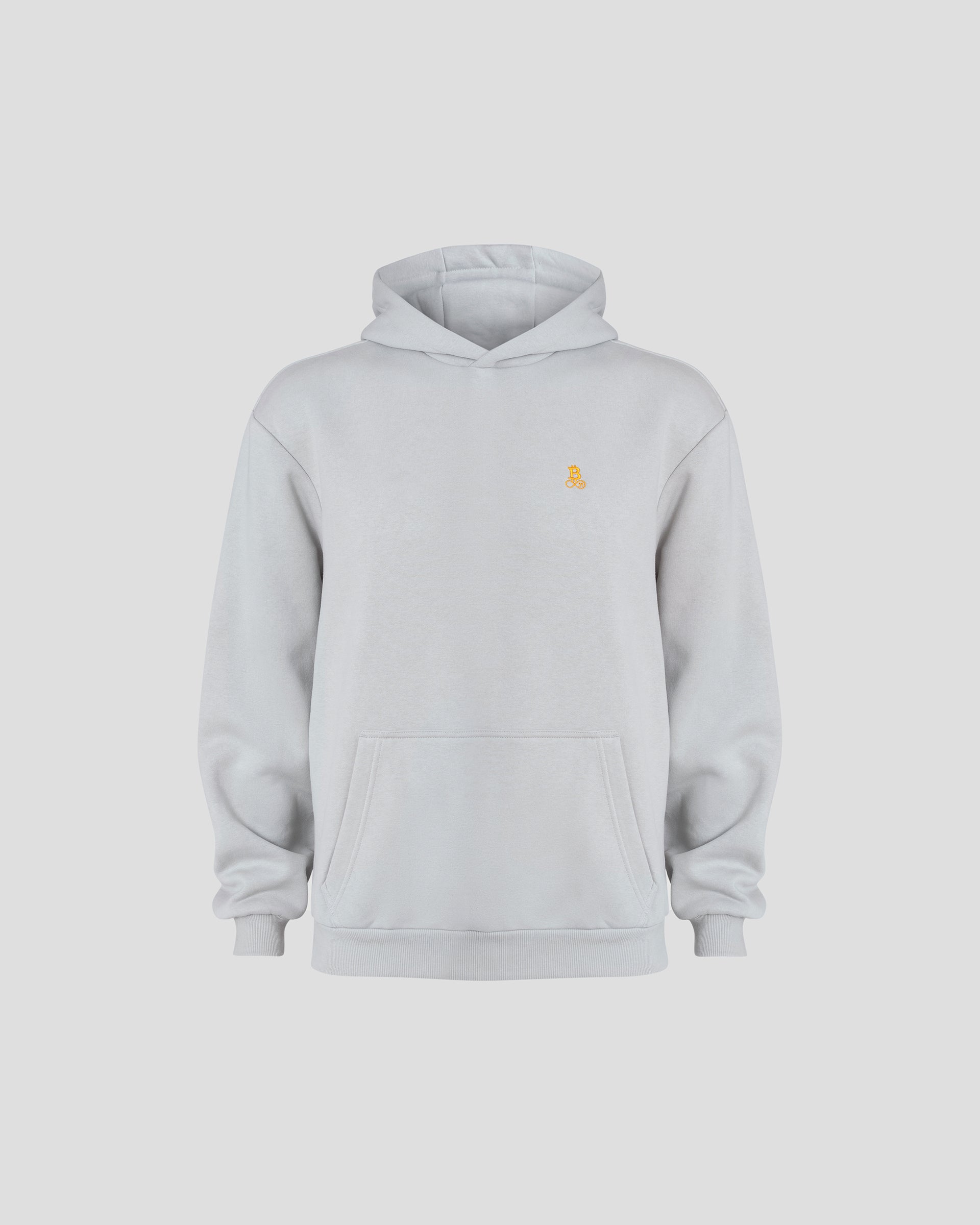 Felpa con cappuccio Bitcoin oversize grigio chiaro da uomo in misto cotone pesante con logo arancione Bitcoin21, comoda felpa con cappuccio scontornata su fondo chiaro