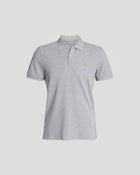Bitcoin Poloshirt in Grau für Herren aus Bio Baumwolle mit orangefarbenen gesticktem Bitcoin21 Logo, klassisches Poloshirt freigestellt vor hellem Hintergrund