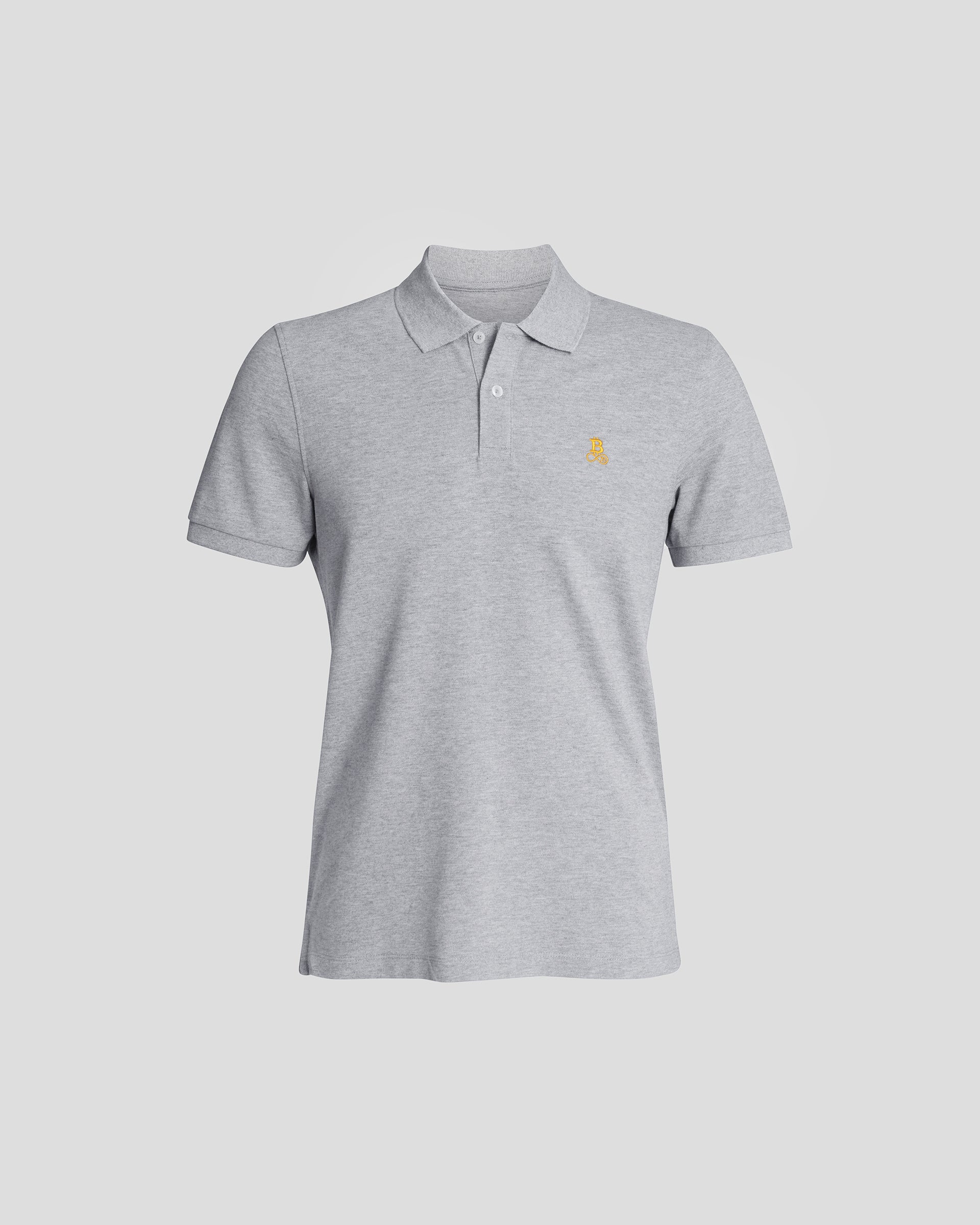 Bitcoin Poloshirt in Grau für Herren aus Bio Baumwolle mit orangefarbenen gesticktem Bitcoin21 Logo, klassisches Poloshirt freigestellt vor hellem Hintergrund