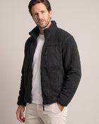 Bitcoin Sherpa Jacket Privacy in Black, worn, front view with tone-on-tone printed Bitcoin21 logo on the chest pocket