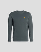 Bitcoin Sweatshirt dunkelgrau für Herren aus schwerem Bio Baumwollmix mit orangefarbenem Bitcoin21 Logo, moderner Rundhals Sweater freigestellt vor hellem Hintergrund