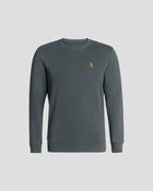 Bitcoin Sweatshirt dunkelgrau für Herren aus schwerem Bio Baumwollmix mit orangefarbenem Bitcoin21 Logo, moderner Rundhals Sweater freigestellt vor hellem Hintergrund