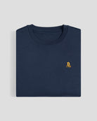 Bitcoin Sweatshirt navy für Herren aus schwerem Bio Baumwollmix mit orangefarbenem Bitcoin21 Logo, zusammengefalteter Sweater vor hellem Hintergrund