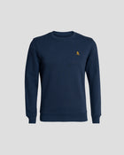 Bitcoin Sweatshirt navy für Herren aus schwerem Bio Baumwollmix mit orangefarbenem Bitcoin21 Logo auf der Brust, klassischer Rundhals Sweater freigestellt vor hellem Hintergrund