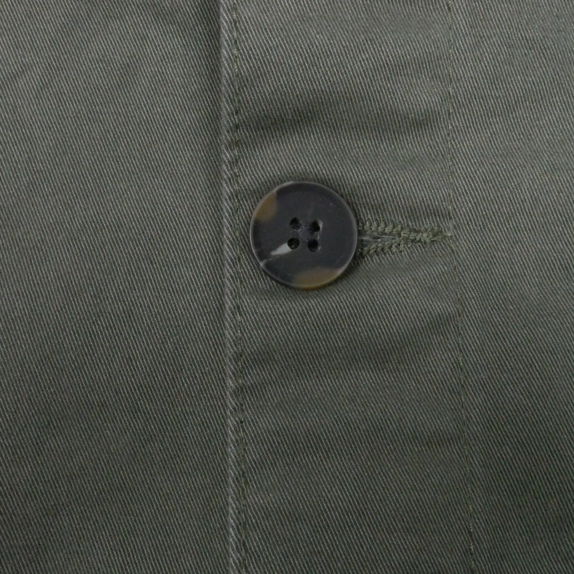 Bitcoin Worker Jacket Privacy in Washed Organic Khaki, detail of the horn-look buttons
