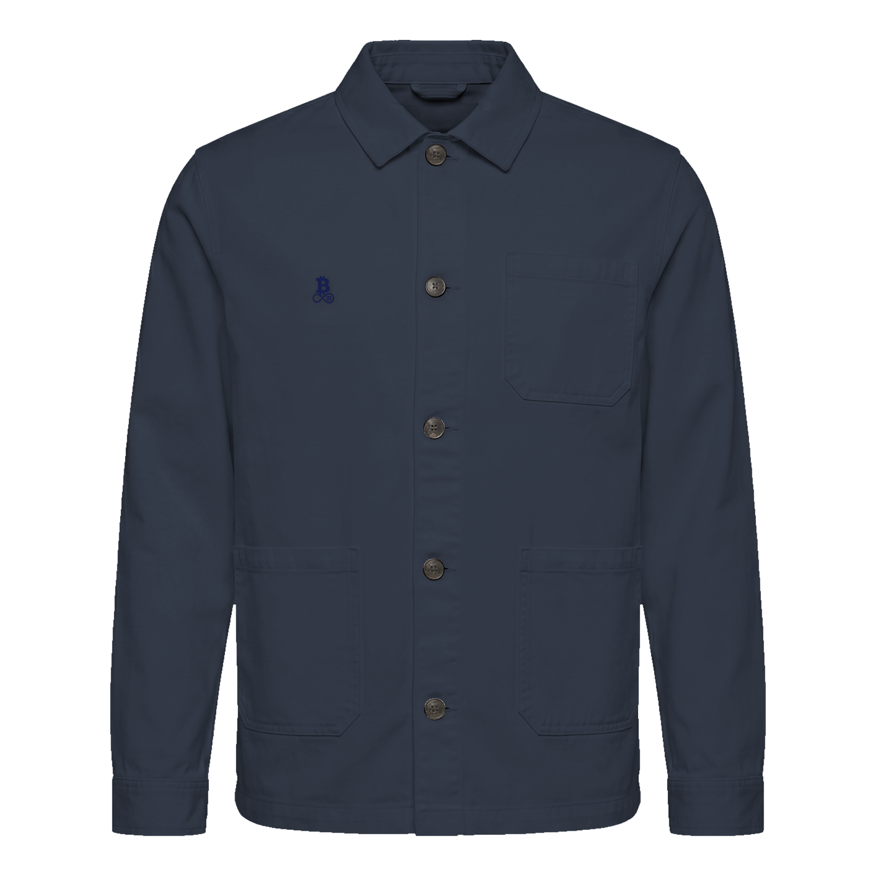 Bitcoin Worker Jacket Privacy in Washed Navy Blue, product view from the front with tone-on-tone embroidered Bitcoin21 logo