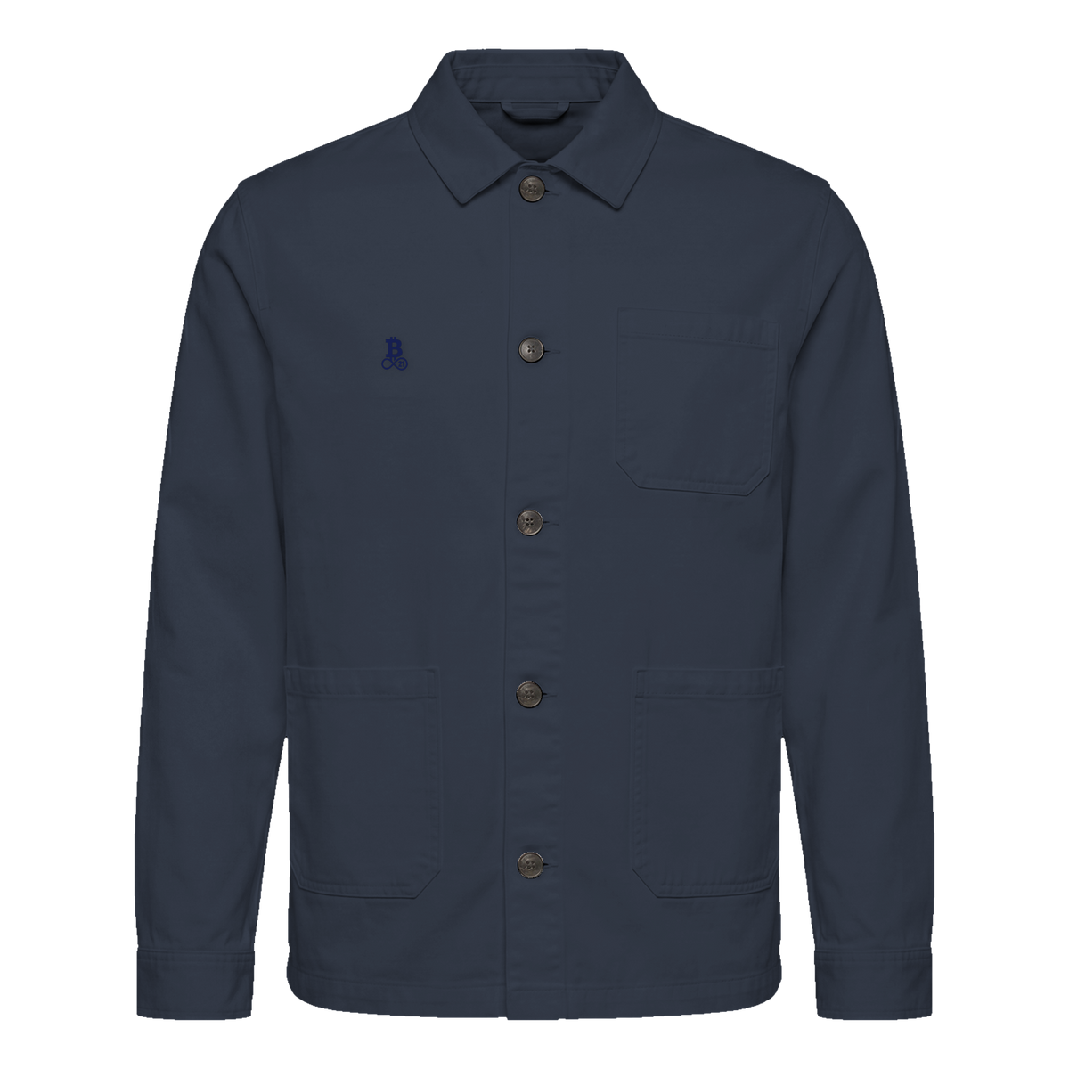 Bitcoin Worker Jacket Privacy in Washed Navy Blue, Produktdarstellung von vorn mit Ton in Ton gesticktem Bitcoin21-Logo
