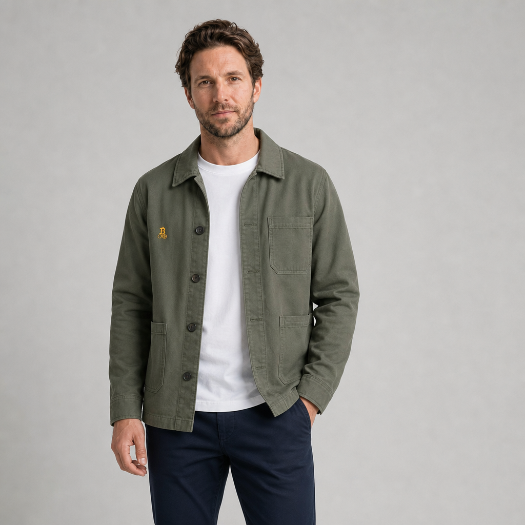 Bitcoin Worker Jacket – washed twill with Bitcoin21 logo embroidered in orange on the chest